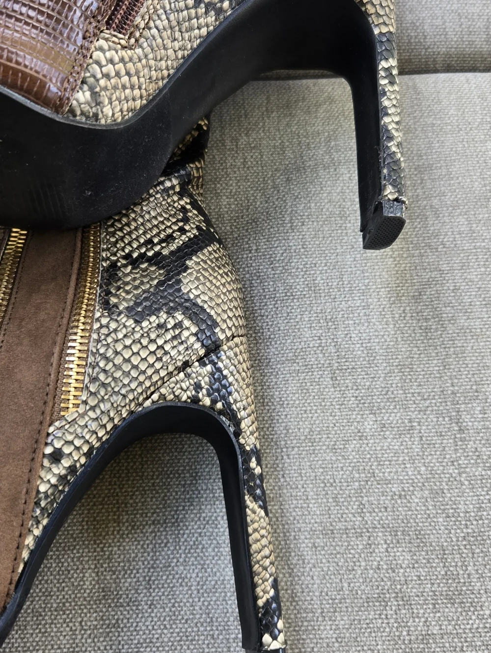Shoe Dazzle Kioni Brown Snakeskin-Print Knee Boots with Gold Zip
